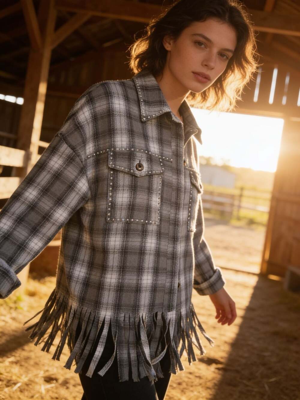 Eesome Plaid Fringe Studded Shacket Size S Grey